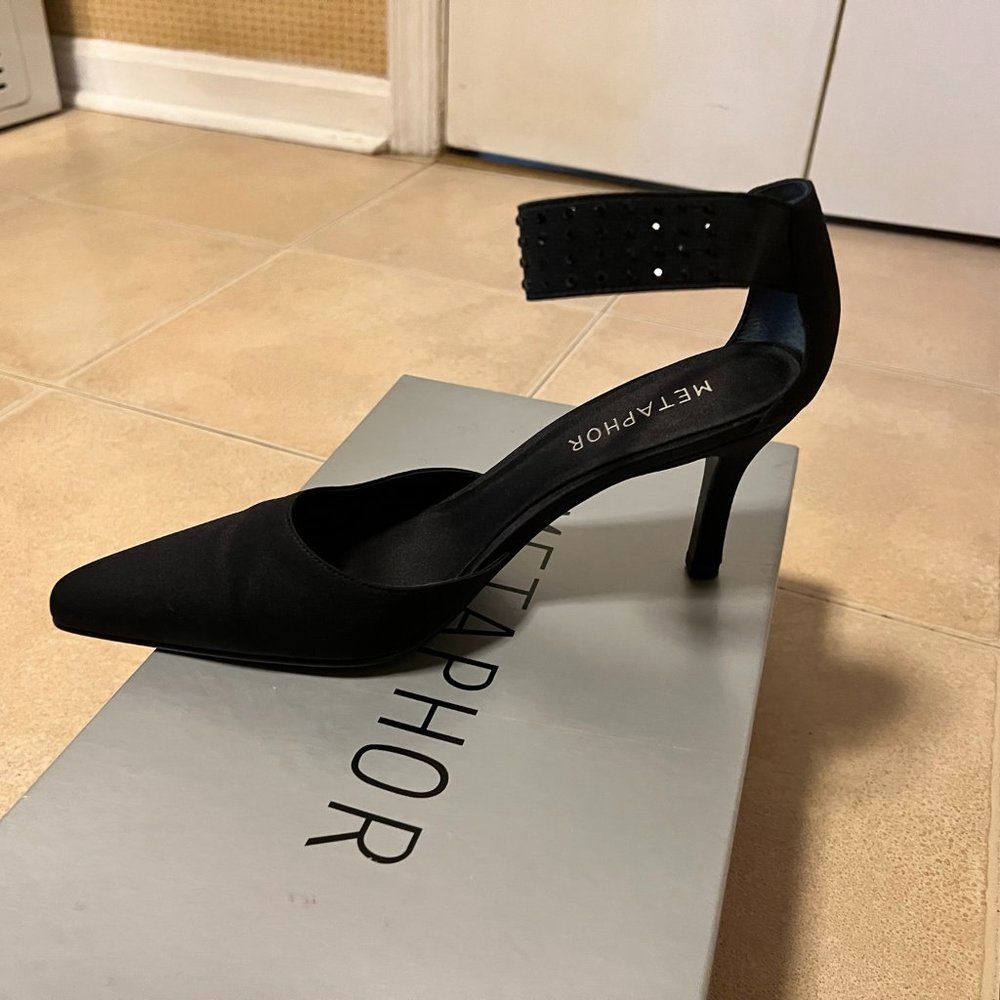 Metaphor Black Dress Heels w/Black Rhinestone Ankle Strap - 8.5